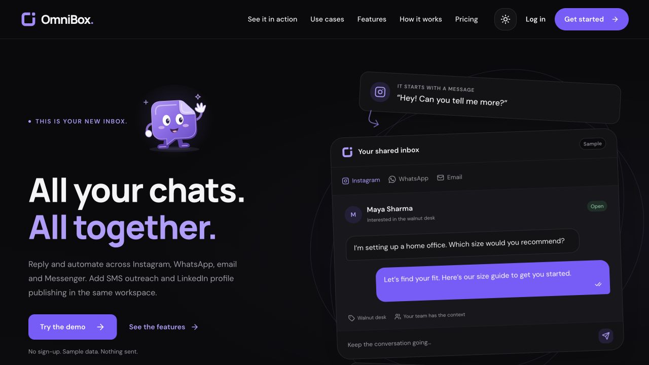 OmniBox homepage with purple product typography and an illustrative shared inbox interface.
