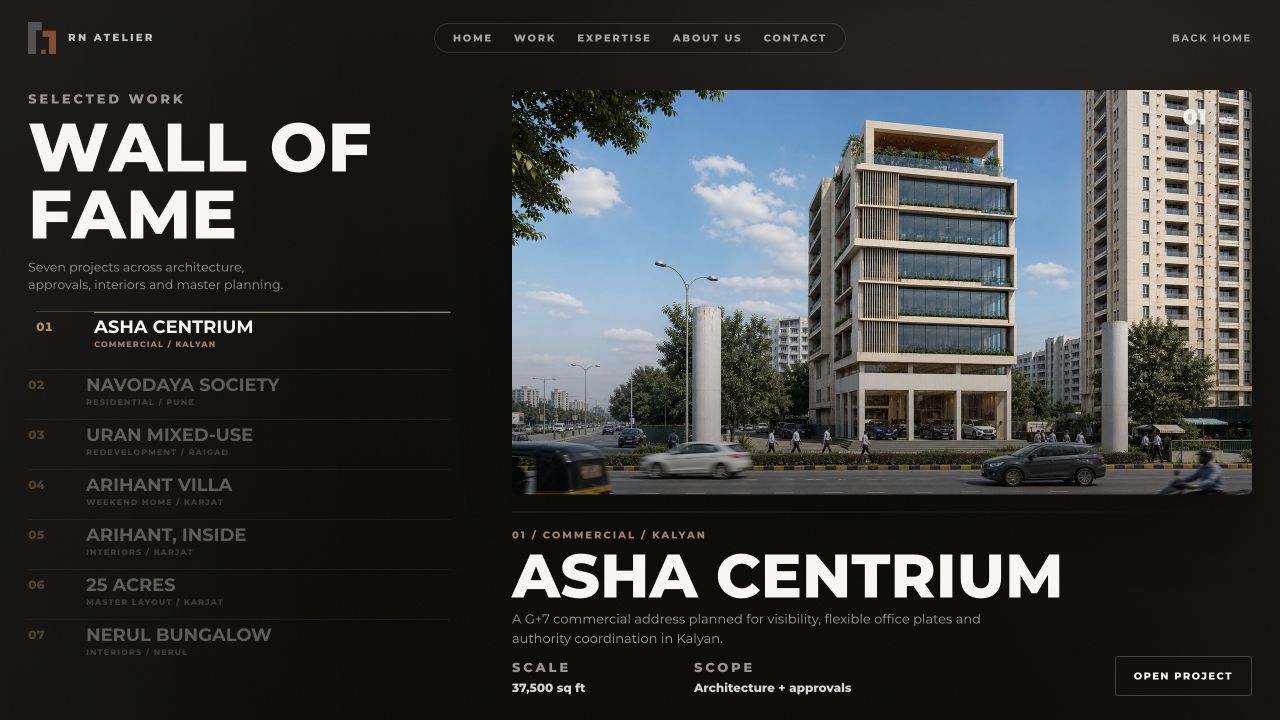 RN Atelier project collection with architectural imagery, categories, and individual project links